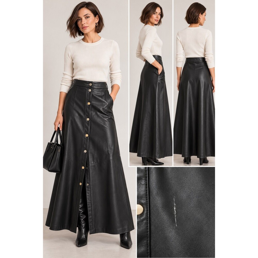 Philosophy Republic Black Faux Leather Maxi Skirt M Snap Front A-Line